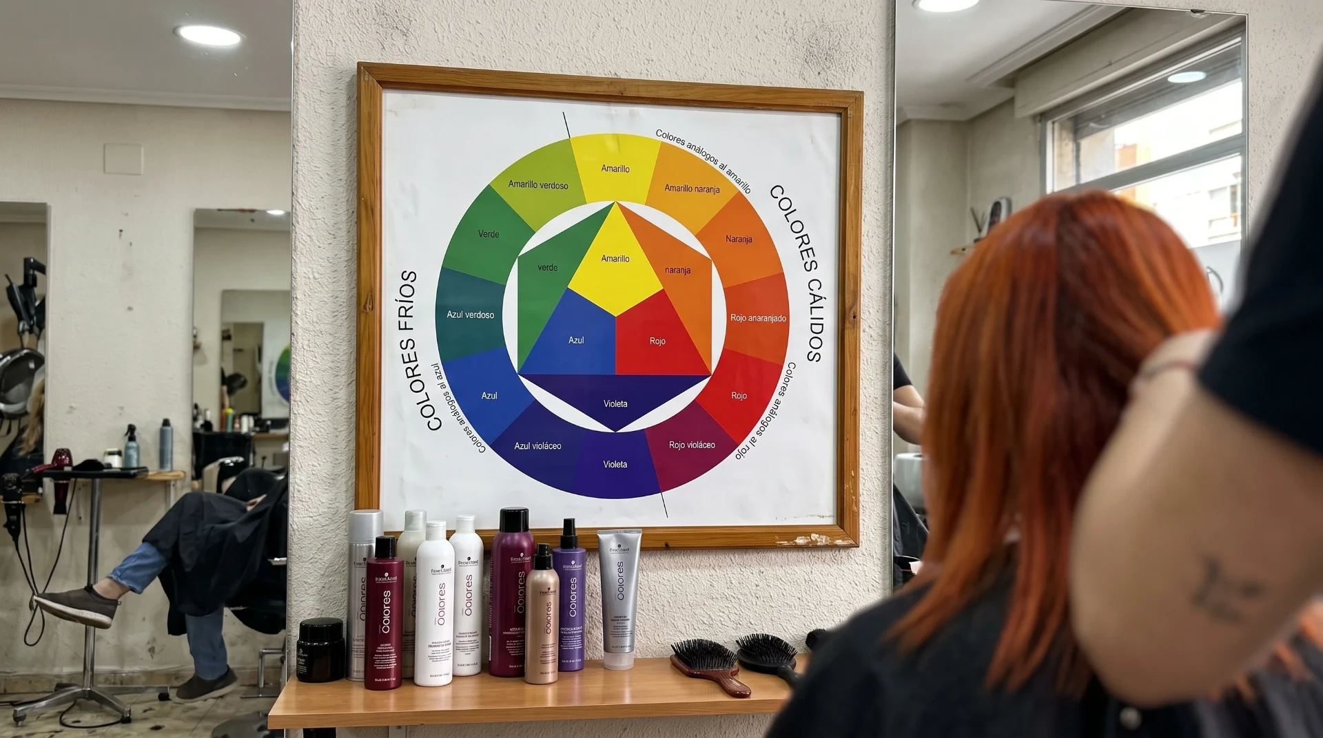 Círculo cromático en la pared de un salón junto a matizantes