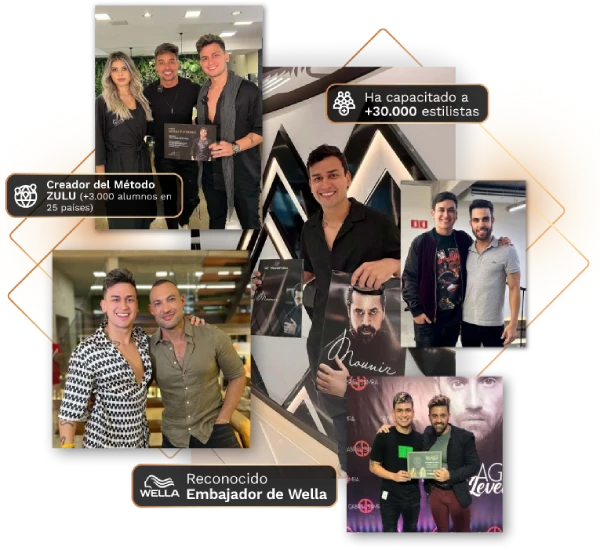 Collage de Santiago Zuluaga con estilistas, creador del Método ZULU y embajador de Wella