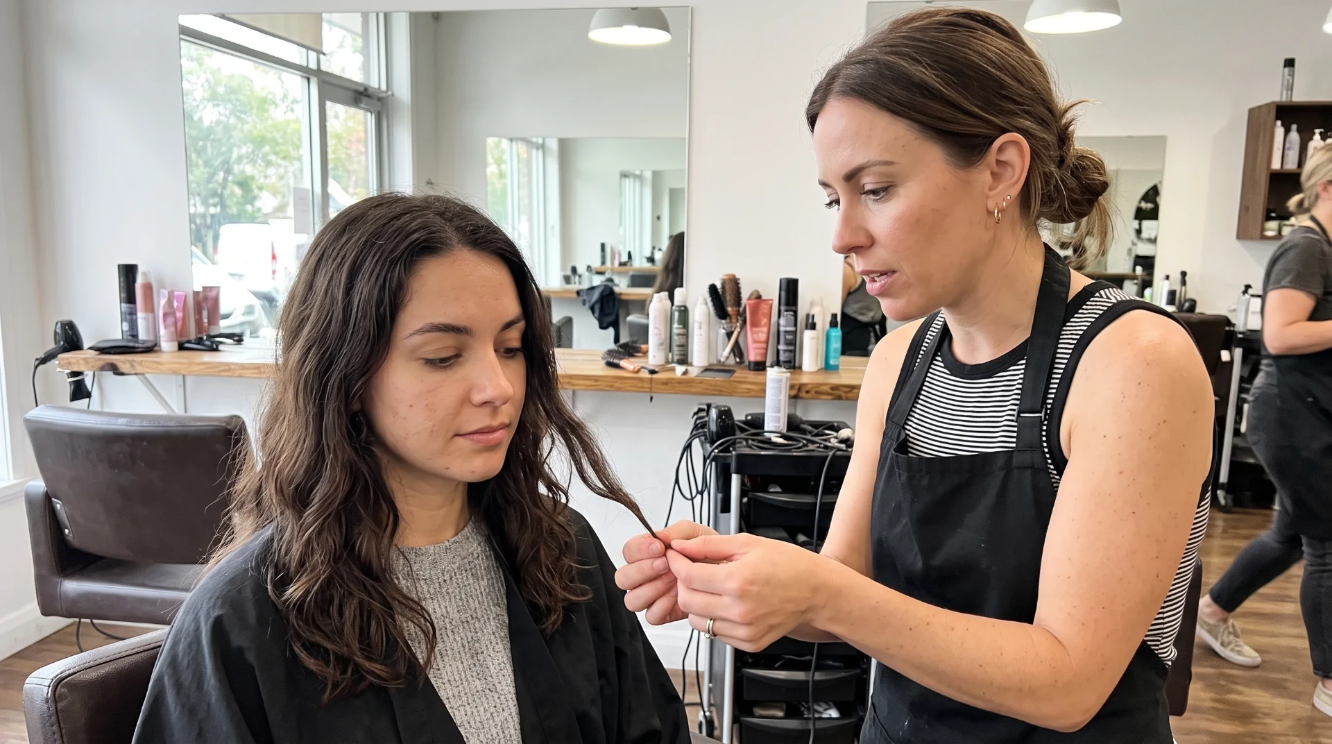 Estilista revisando la porosidad y elasticidad del cabello de una clienta