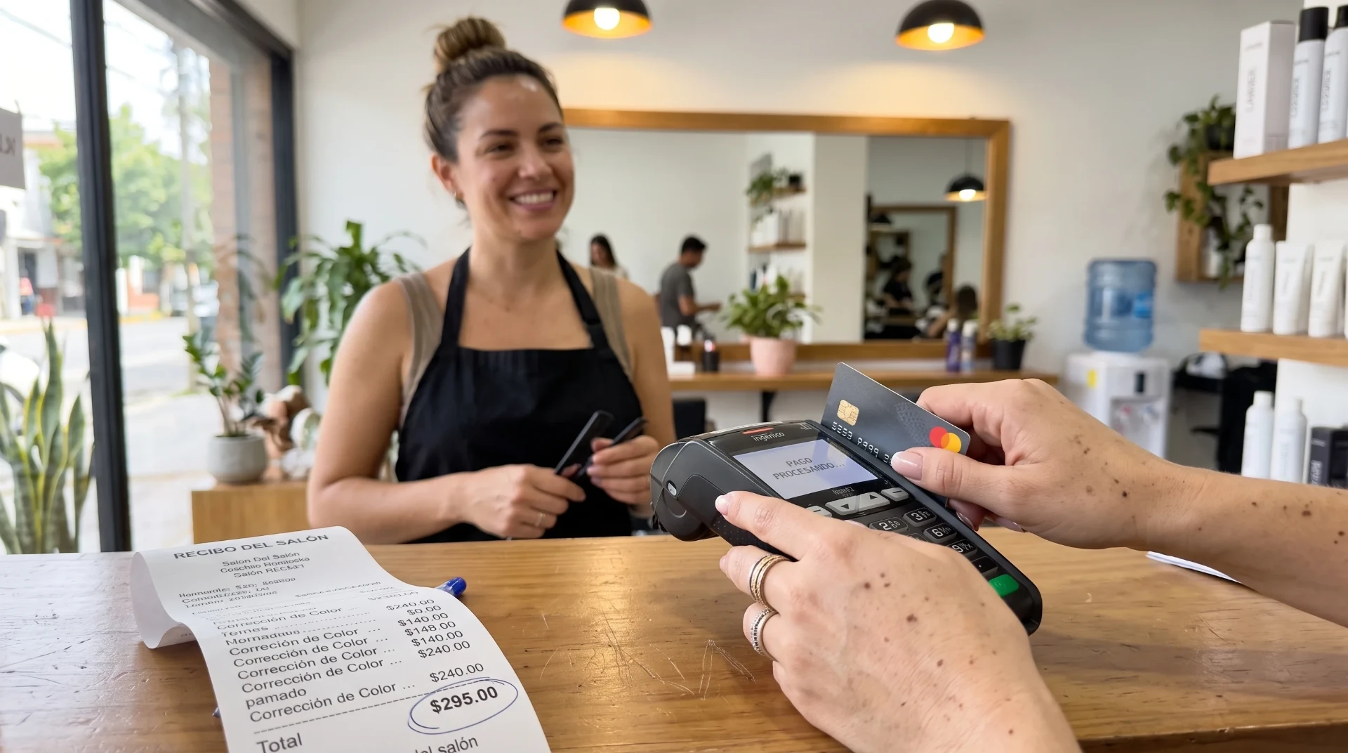 Mostrador de salón con terminal de pago y lista de precios de servicios